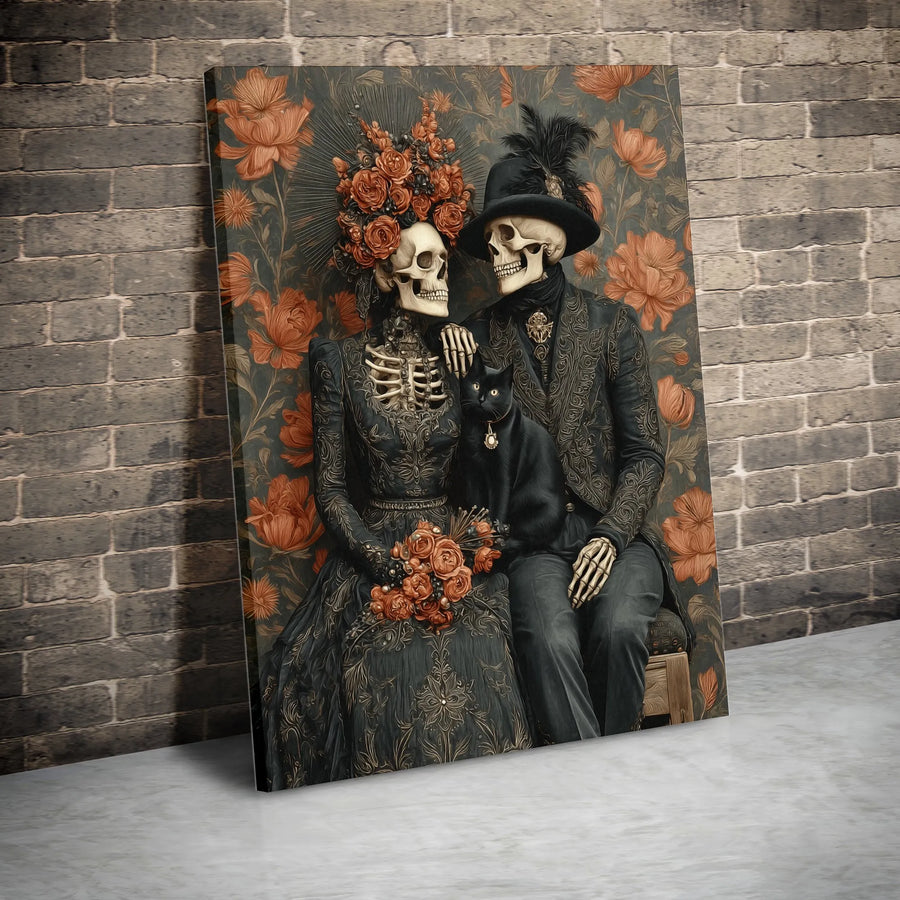 Skeleton Couple Canvas Wall Art | Victorian Gothic Portrait with Black Cat | Premium Canvas Print | Unique Gothic Home Decor Gift