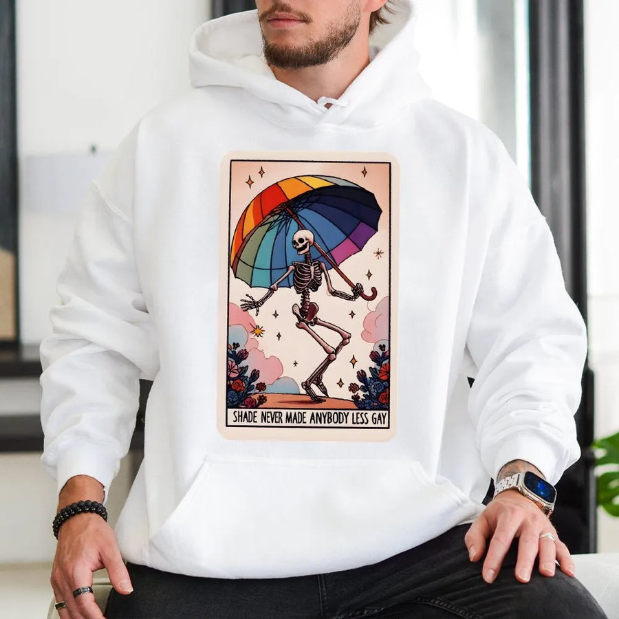 Rainbow Pride Tarot Card Hoodie | Dancing Skeleton with Rainbow Umbrella | Premium Cotton Graphic Tee | LGBTQ Pride Month Gift Apparel