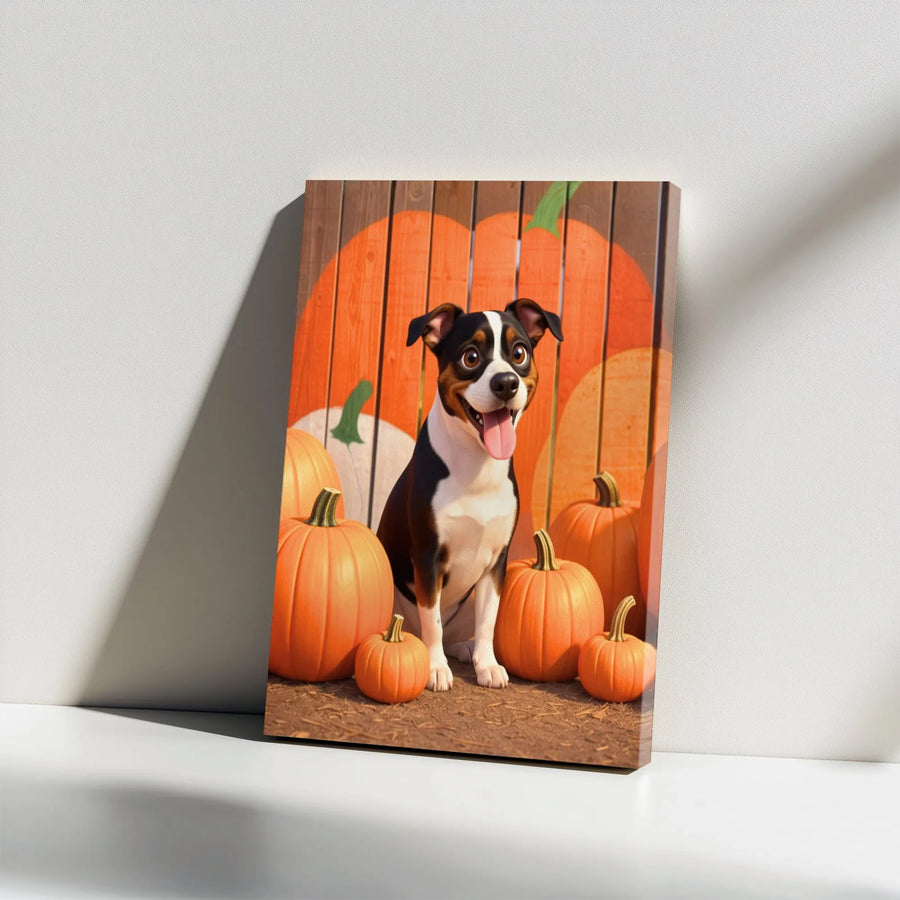Cute Dog Pumpkin Patch Canvas Wall Art | Autumn Fall Harvest Decor | Premium Gallery Wrap Print | Whimsical Pet Lover Gift