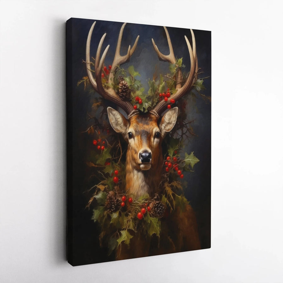 Christmas Stag Canvas Wall Art | Festive Deer With Holly Berry Wreath | 1.25-Inch Gallery-Quality Profile | Rustic Holiday Decor For Living Room