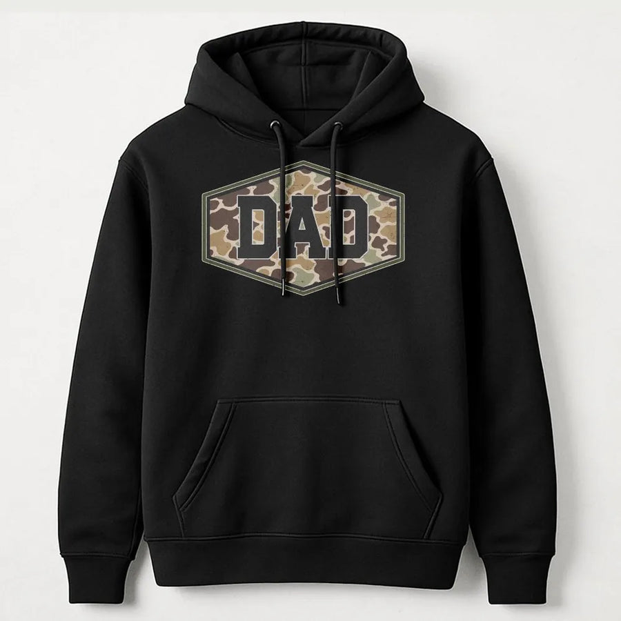 Camo Dad Hoodie | Distressed Varsity Camouflage Graphic | Premium Cotton Tee | Fathers Day Gift for Hunter Dad