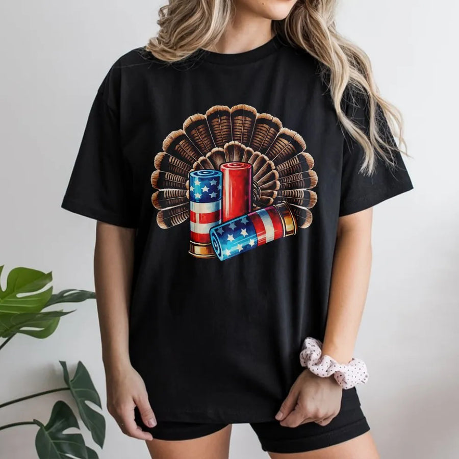 Patriotic Turkey Hunting T-Shirt | American Flag Shotgun Shells & Feather Fan Graphic | Comfortable Cotton Blend | Gift for Hunter