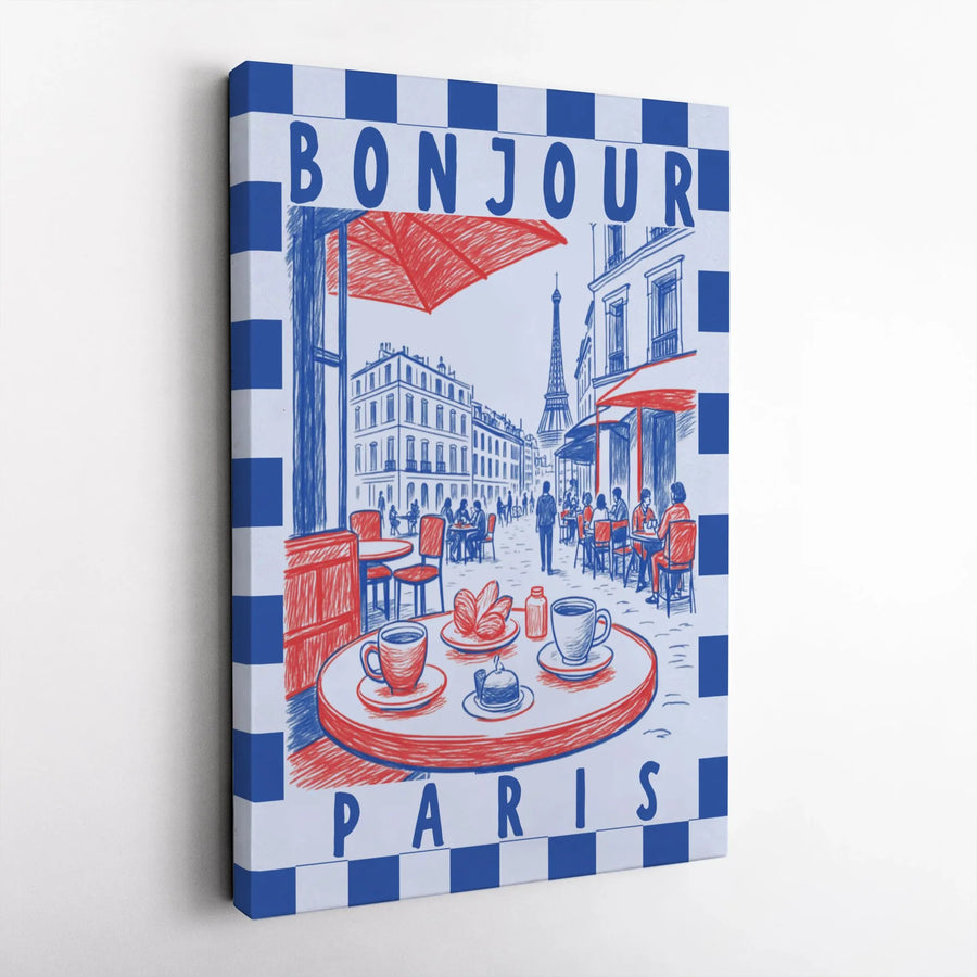 Parisian Cafe Canvas Wall Art | Vintage French Travel Poster Sketch | Premium Stretched Canvas | French Themed Home Decor Gift