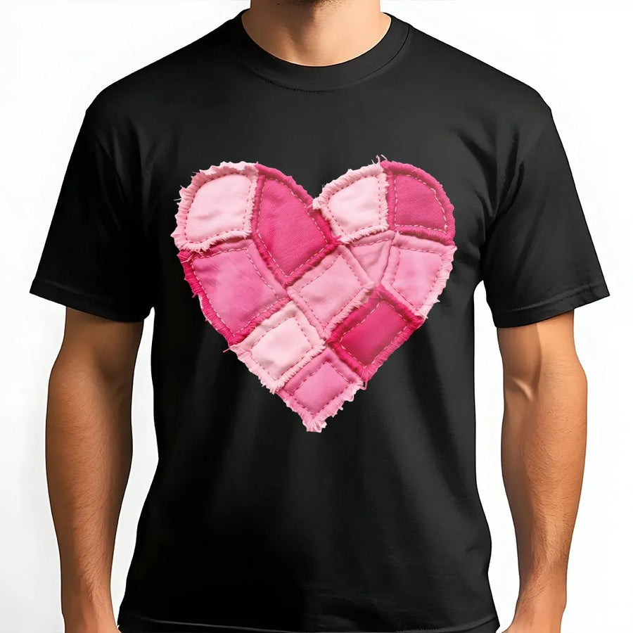Patchwork Heart Graphic T-Shirt | Faux Quilted Valentine Design | 100% Cotton Premium Tee | Cute Gift for Her, Quilting Enthusiasts & Teachers