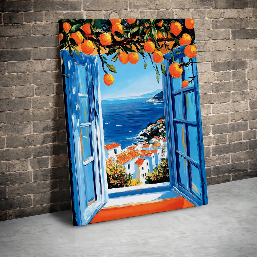 Mediterranean Window Canvas Art | Coastal Village View with Orange Trees | Premium Gallery Wrapped Print | Italian Summer Kitchen Decor Gift