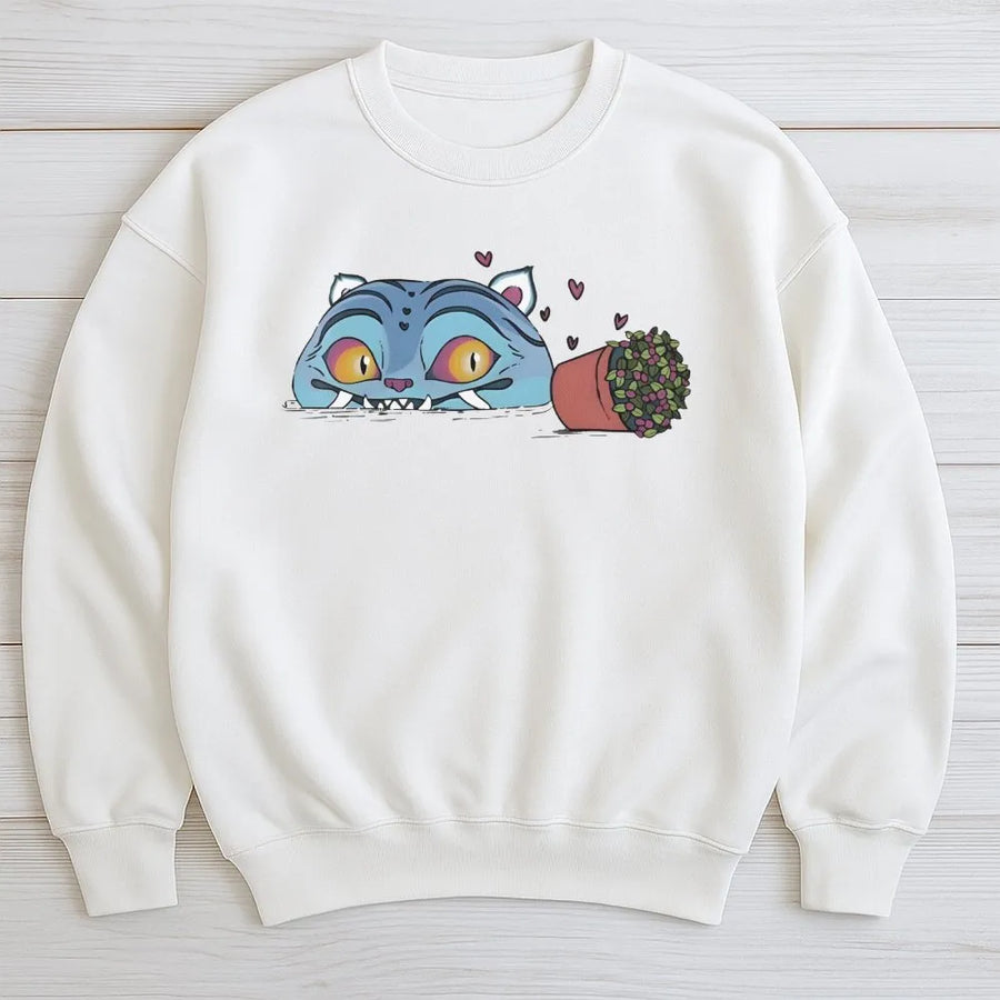 Whimsical Cat Sweatshirt | Derpy Monster Kitty With Potted Plant | Premium Cotton Blend | Gift For Cat Lovers And Anime Fans