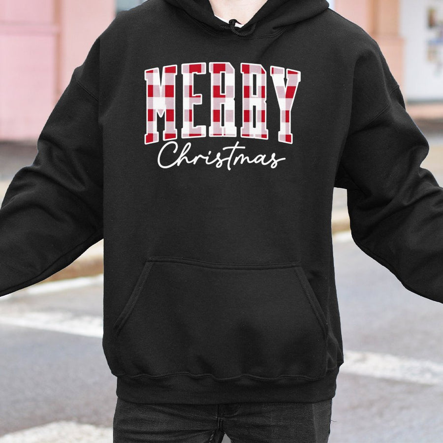 Merry Christmas Hoodie | Retro Buffalo Plaid Text Graphic | Soft Cotton Blend Unisex Pullover | Cozy Holiday Gift for Her and Him