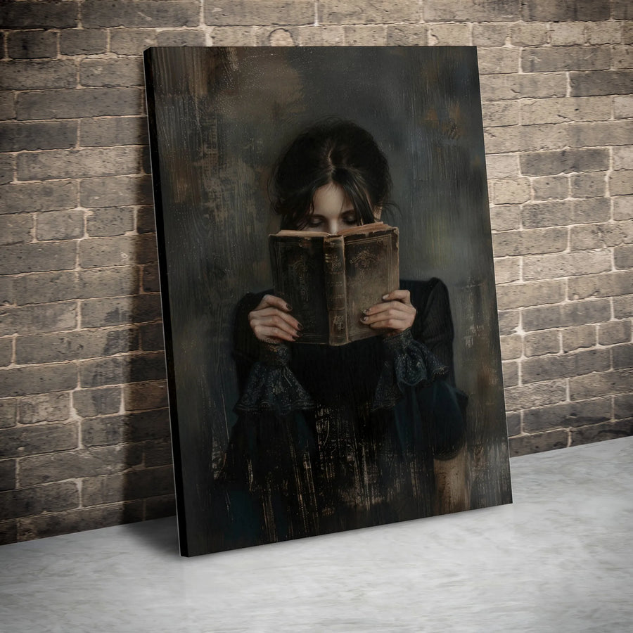Dark Academia Wall Art | Woman Reading Old Book Portrait | Premium Fade-Resistant Canvas | Moody Aesthetic Decor for Library or Office