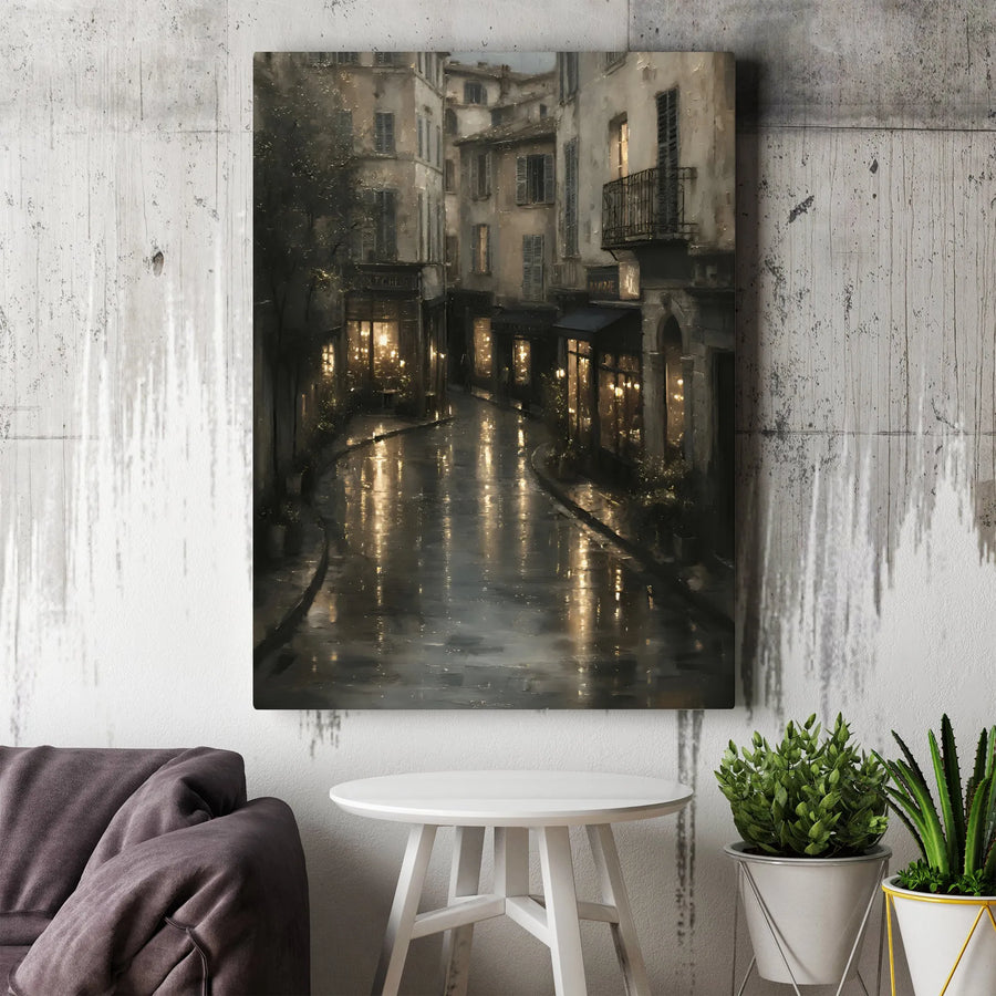 Rainy European Street Canvas Art | Atmospheric Night Scene Painting | 1.25" Thick Gallery Wrap | Premium Living Room & Office Decor Gift