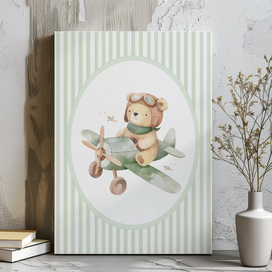 Watercolor Teddy Bear Pilot Canvas | Sage Green Striped Nursery Wall Art | Premium Gallery Wrap | Cute Aviator Animal Gift for Baby Boy Room