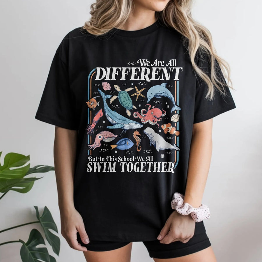 Inclusion Teacher T-Shirt | We Are All Different Swim Together Ocean Graphic | Premium Soft Cotton | Back To School Gift For Educators