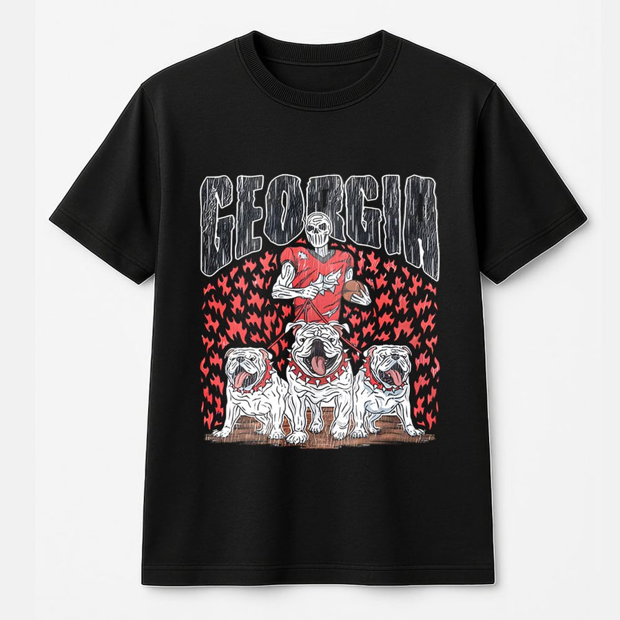 Georgia With A Skeletal Football Player Holding A Football, Three Bulldogs, And Flames T-Shirt