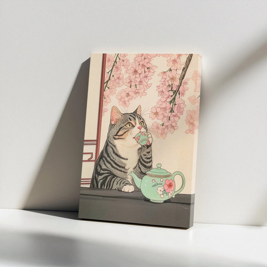 Japanese Cat Canvas Wall Art | Ukiyo-e Style Tabby Drinking Tea | Premium Gallery Wrap Decor | Unique Gift for Cat Lovers & Asian Art Fans