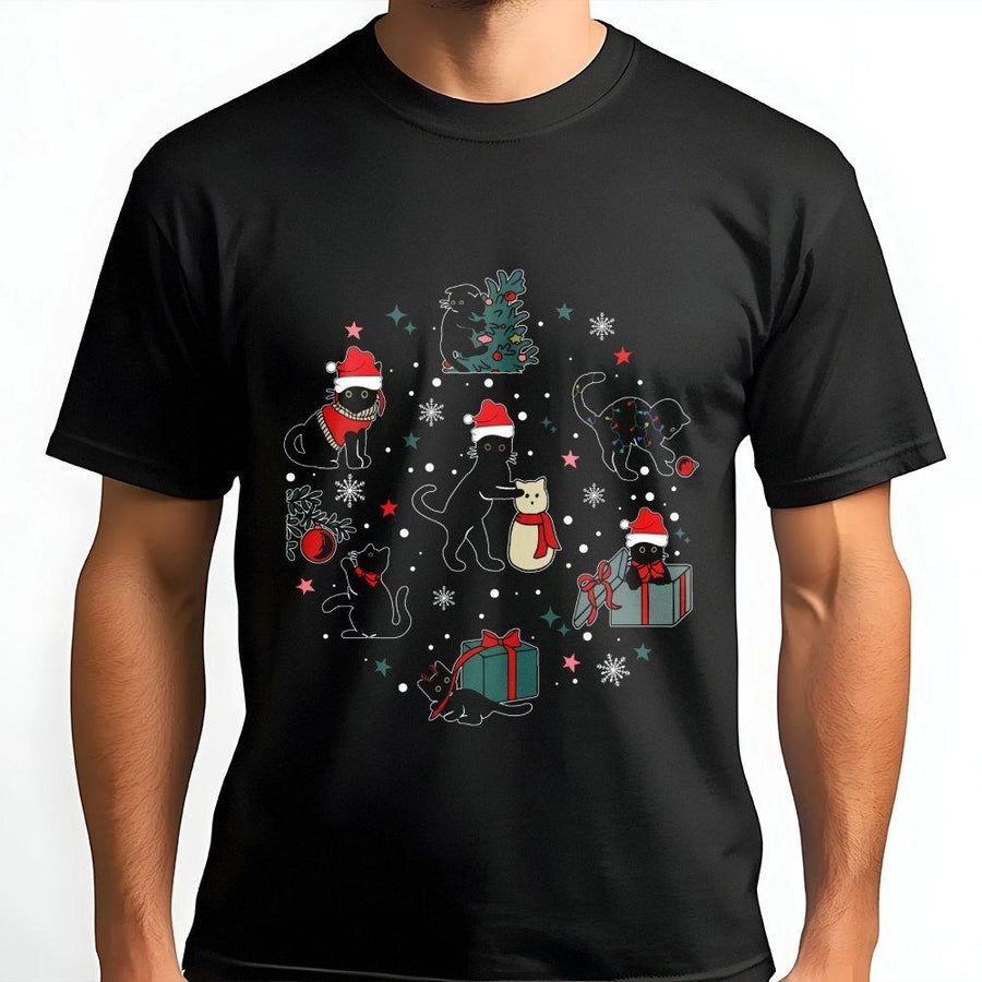 Christmas Black Cat T-Shirt | Festive Kittens with Santa Hats and Presents | Premium 100% Cotton Tee | Holiday Gift for Cat Lovers
