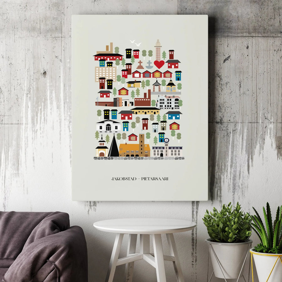 Jakobstad Pietarsaari Canvas Wall Art | Minimalist Finland Cityscape Illustration | Premium Frameless Canvas | Scandinavian Home Decor Gift