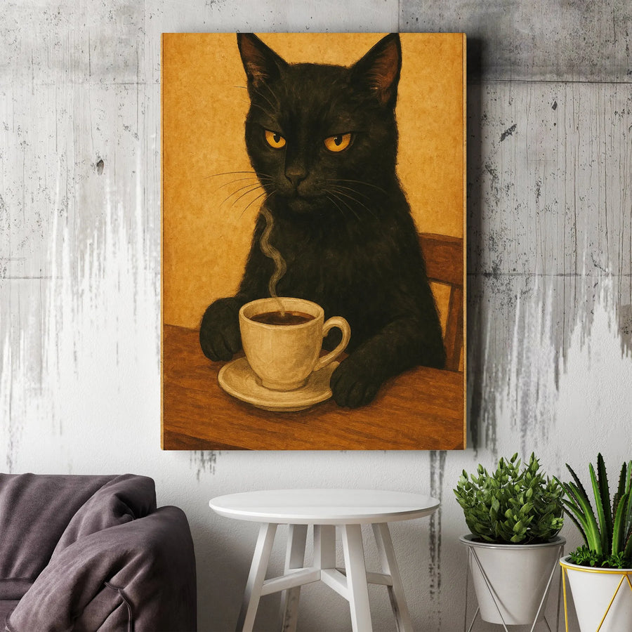 Grumpy Black Cat Coffee Canvas Wall Art | Vintage Style Moody Animal Portrait | Premium Fade-Resistant Print | Funny Kitchen Decor Gift