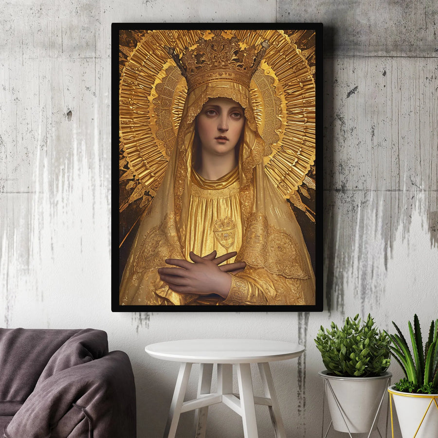 Virgin Mary Wall Art | Golden Crowned Madonna Portrait | Premium Gallery Wrapped Canvas | Religious Home Decor Gift