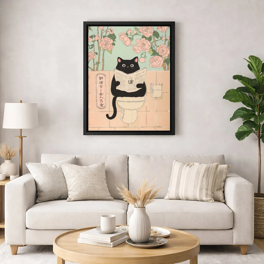 Japanese Ukiyo-e Cat Canvas Art | Funny Black Cat Reading Newspaper on Toilet | Premium Gallery Wrapped Wall Decor | Unique Bathroom Gift for Cat Lovers