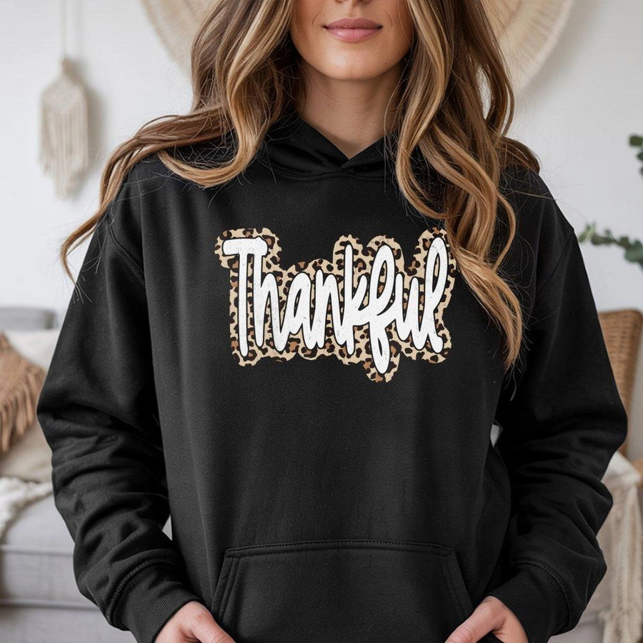 Thankful Hoodie | Leopard Print Typography Graphic | Premium Cotton Blend | Thanksgiving Fall Gift For Women And Men