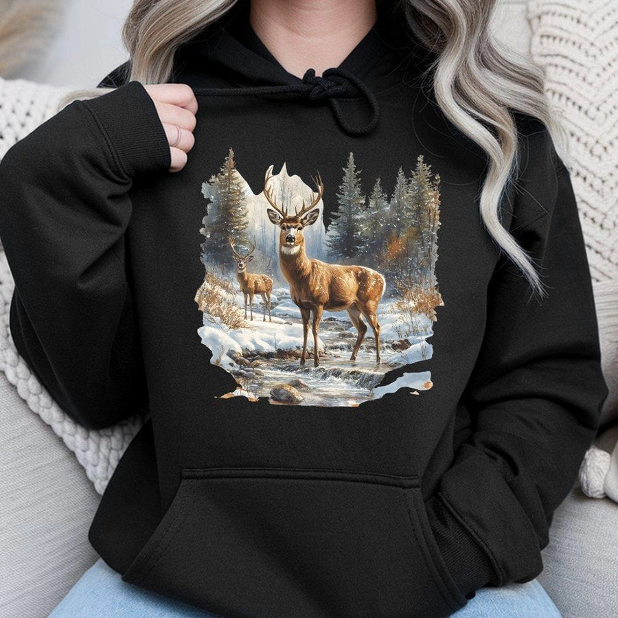 Deer Winter Forest Hoodie | Realistic Wildlife Nature Scene | Premium Cotton Blend | Cozy Gift For Outdoorsmen & Nature Lovers