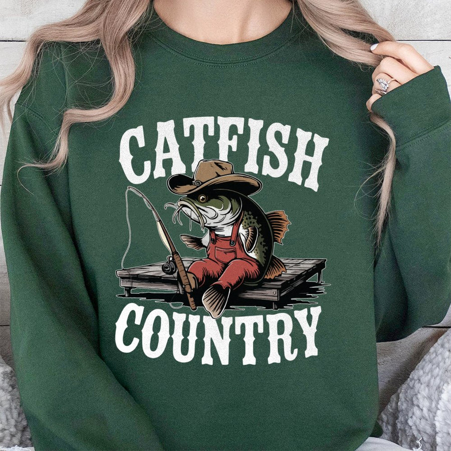 Catfish Country Graphic Sweatshirt | Funny Cowboy Fishing Cartoon Design | Premium Cotton Blend | Gift for Anglers and Fishing Lovers