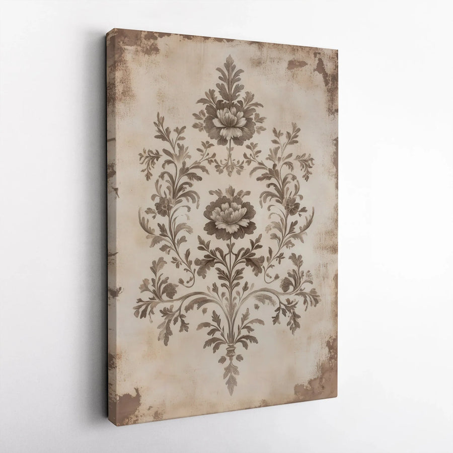 Vintage Damask Floral Canvas Wall Art | Distressed Aged Botanical Print | Premium 1.25 Inch Gallery Wrap | Elegant Neutral Home Decor Gift