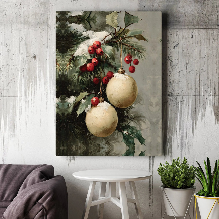 Vintage Christmas Ornament Canvas | Festive Holly Berry Oil Painting Print | Premium Gallery Wrap Wall Art | Holiday Home Decor Gift