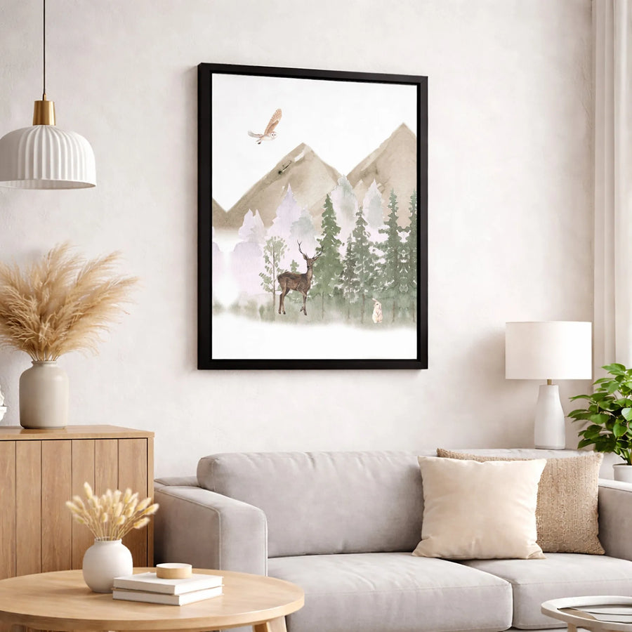 Watercolor Woodland Animals Canvas | Deer Rabbit Owl Mountain Forest Art | Premium Gallery-Wrapped Decor | Nursery & Home Wall Gift