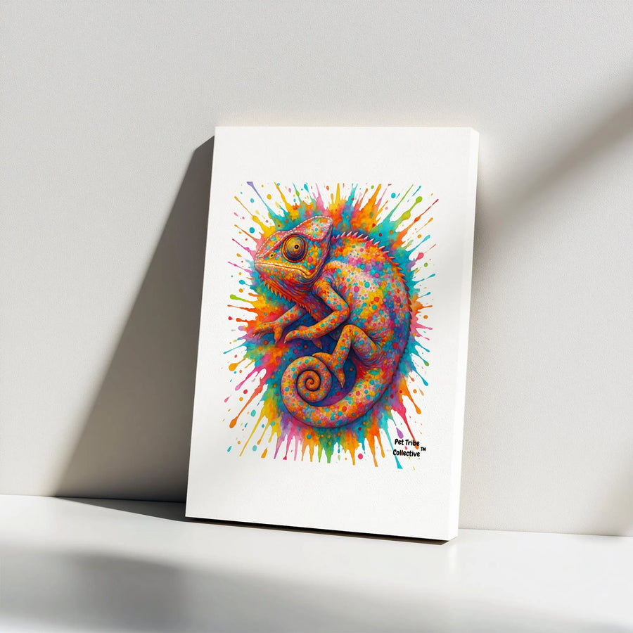 Chameleon Wall Art Canvas | Colorful Watercolor Splatter Print | Gallery Wrap Premium Decor | Reptile Lover Gift Idea