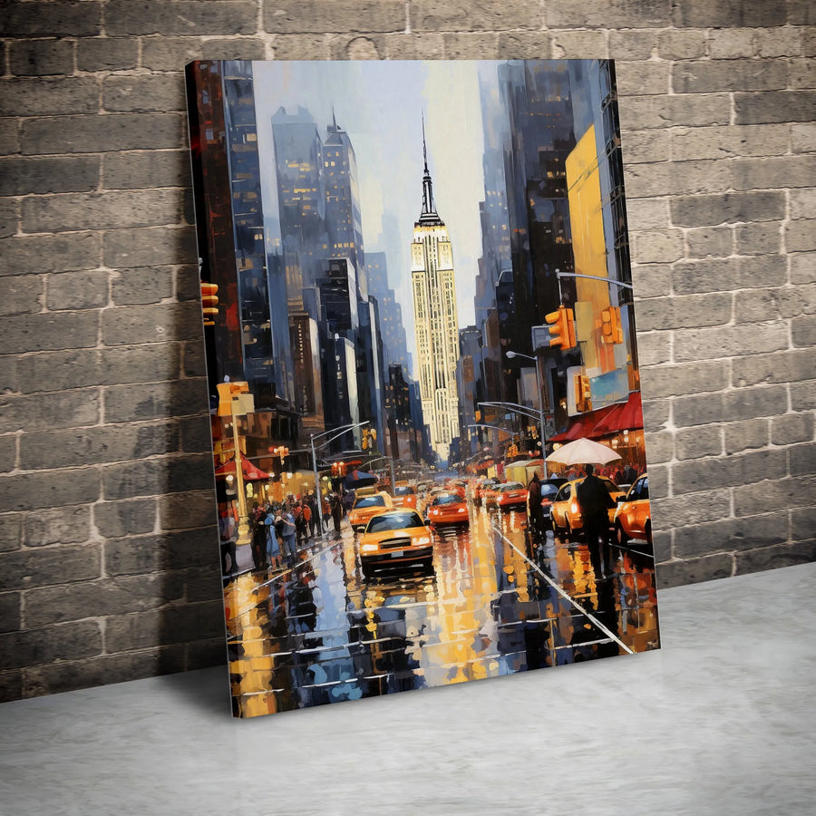 New York City Canvas Wall Art | Impressionist Rainy Night Painting with Yellow Cabs | Premium Gallery Wrapped Canvas | Modern Cityscape Home Decor Gift