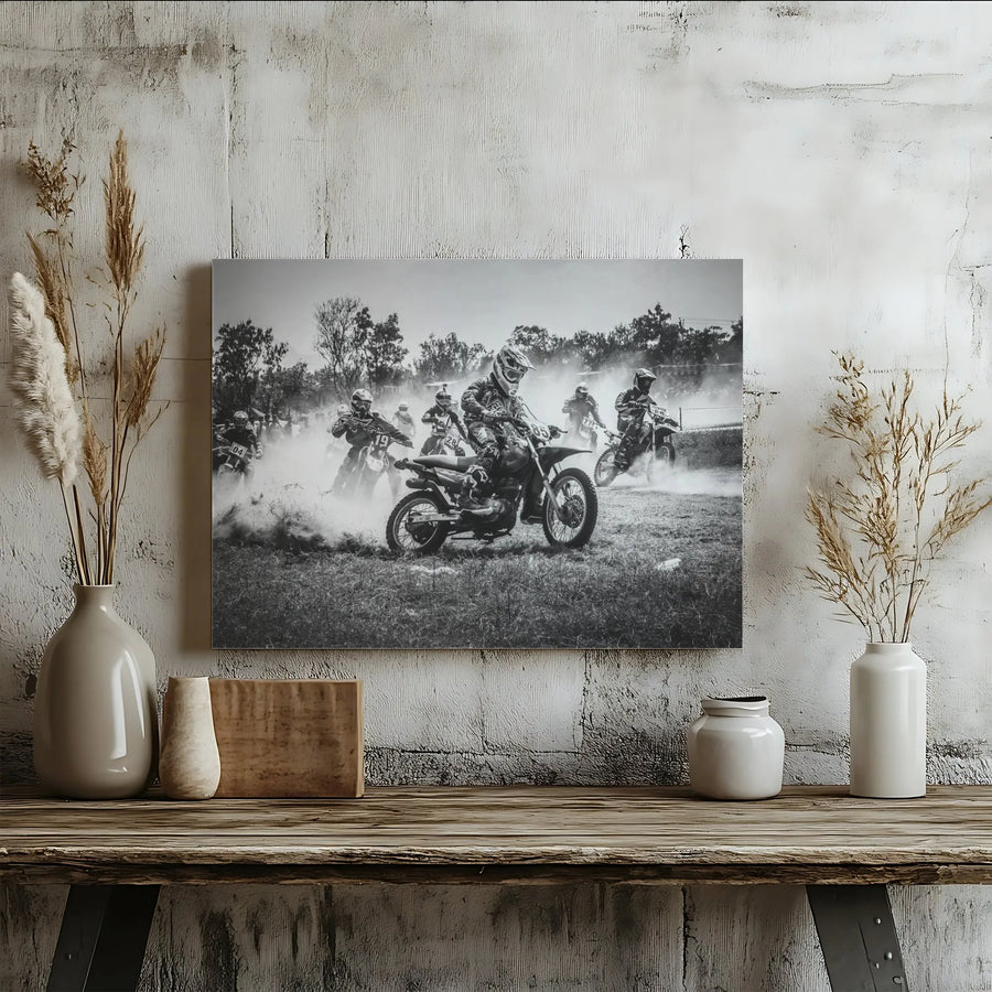 Motocross Dirt Bike Canvas Wall Art | Black and White Action Photography | Premium Gallery Wrap Canvas | Man Cave Decor Gift for Rider