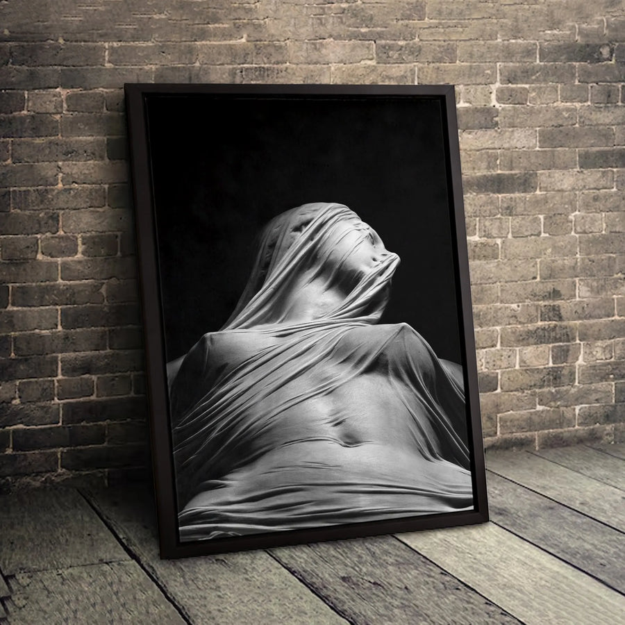 Veiled Figure Wall Art | Moody Black and White Marble Statue Aesthetic | Premium Gallery-Wrapped Canvas | Modern Minimalist Home Decor Gift