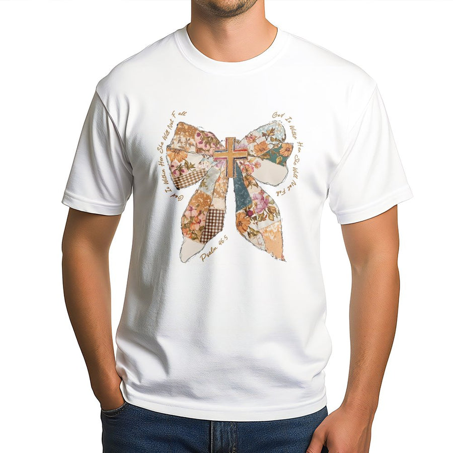 God Is Within Her Bow T-Shirt | Psalm 46:5 Christian Patchwork Floral Print | Premium Soft Cotton | Faith-Based Religious Gift for Women
