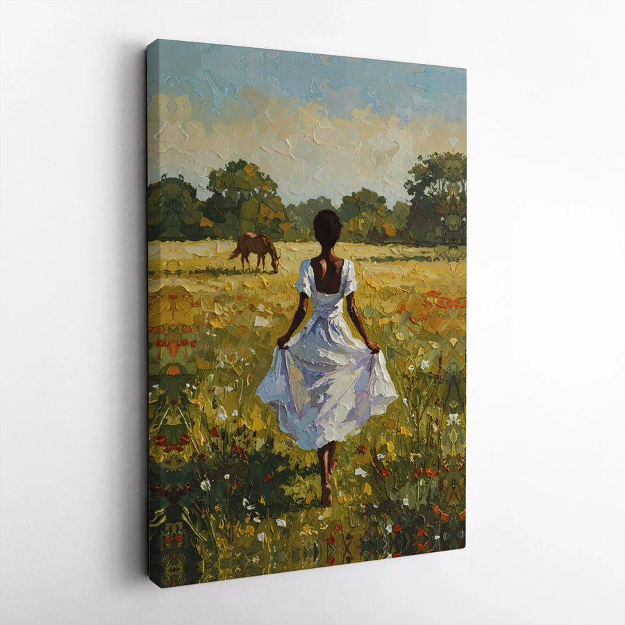 Black Woman Oil Painting Canvas | Impressionist Wildflower Field Decor | Gallery Wrapped Premium Print | Artistic Home Wall Art Gift