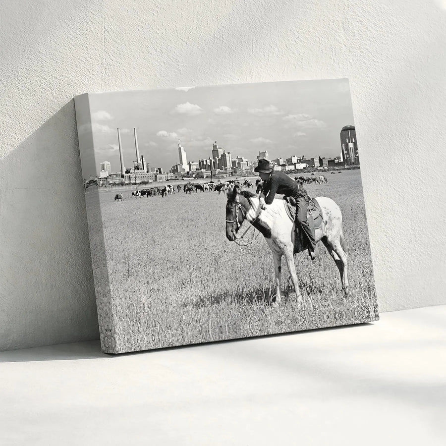 Western Cowboy Canvas Print | Vintage City Skyline Cattle Farm Art | Premium 1.25 Inch Gallery Wrap | Rustic Home & Office Wall Decor