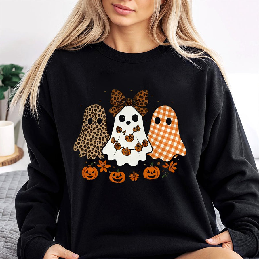 Cute Ghost Halloween Sweatshirt | Leopard Plaid Spooky Fall Crewneck | Premium Cotton Blend | Gift for Women & Teens
