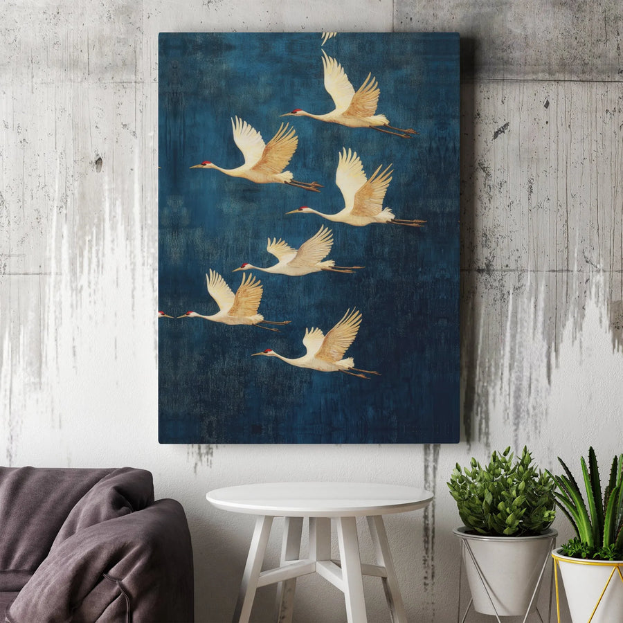 Japanese Red Crowned Crane Canvas Wall Art | Flying Bird Flock Painting | Premium Gallery Wrap Decor | Nature Lover Home Interior Gift
