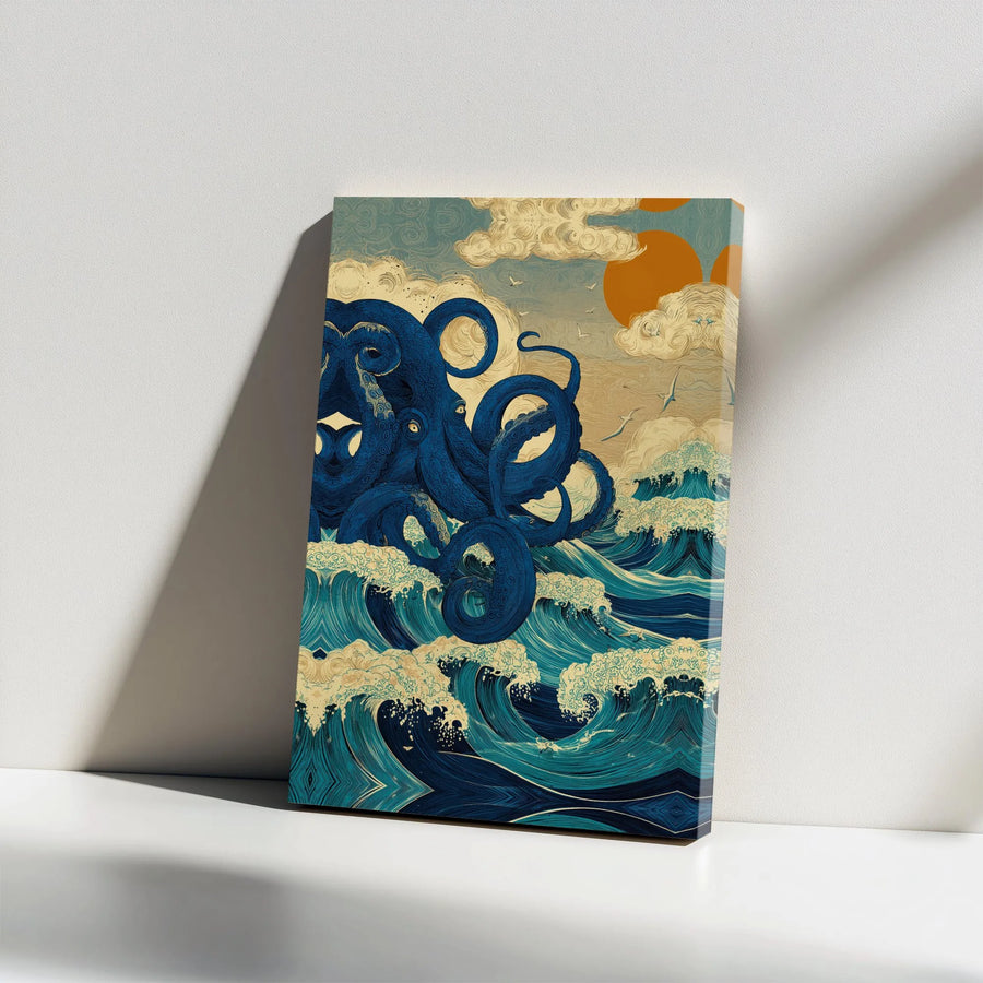 Japanese Octopus Canvas Print | Ukiyo-e Style Great Wave Wall Art | Premium Gallery Canvas | Nautical Home Decor Gift for Ocean Lovers