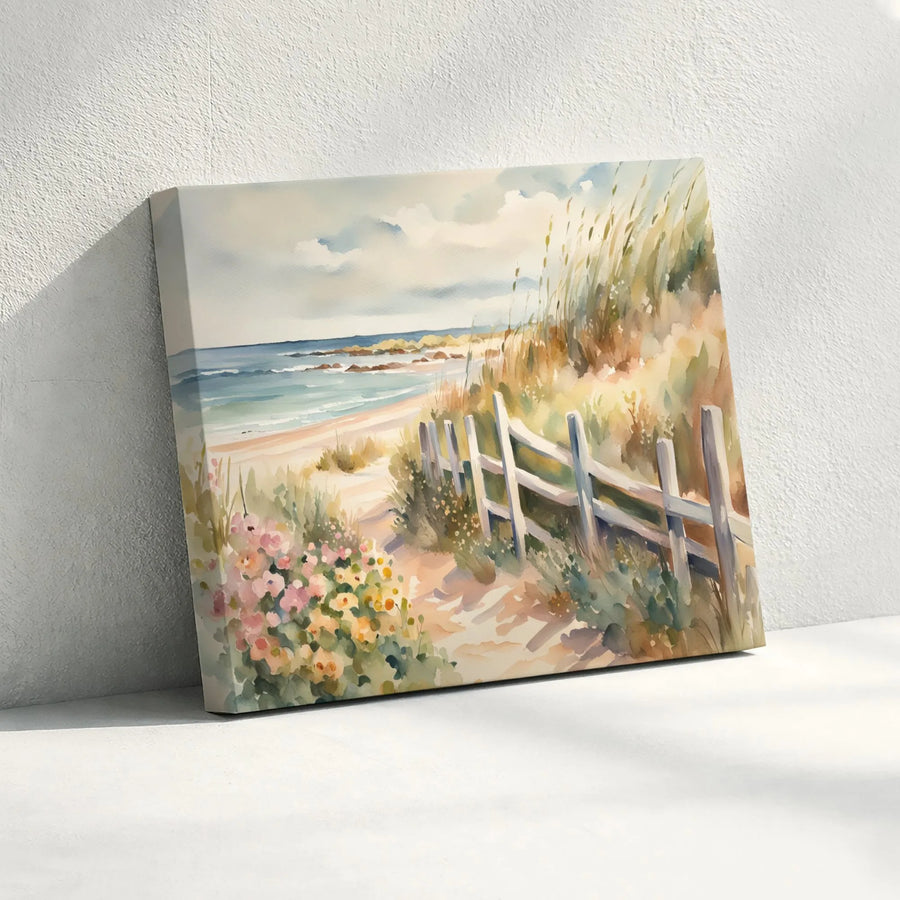 Coastal Beach Path Canvas Print | Watercolor Seascape Painting | Premium Gallery Wrapped Art | Nautical Living Room Decor Gift