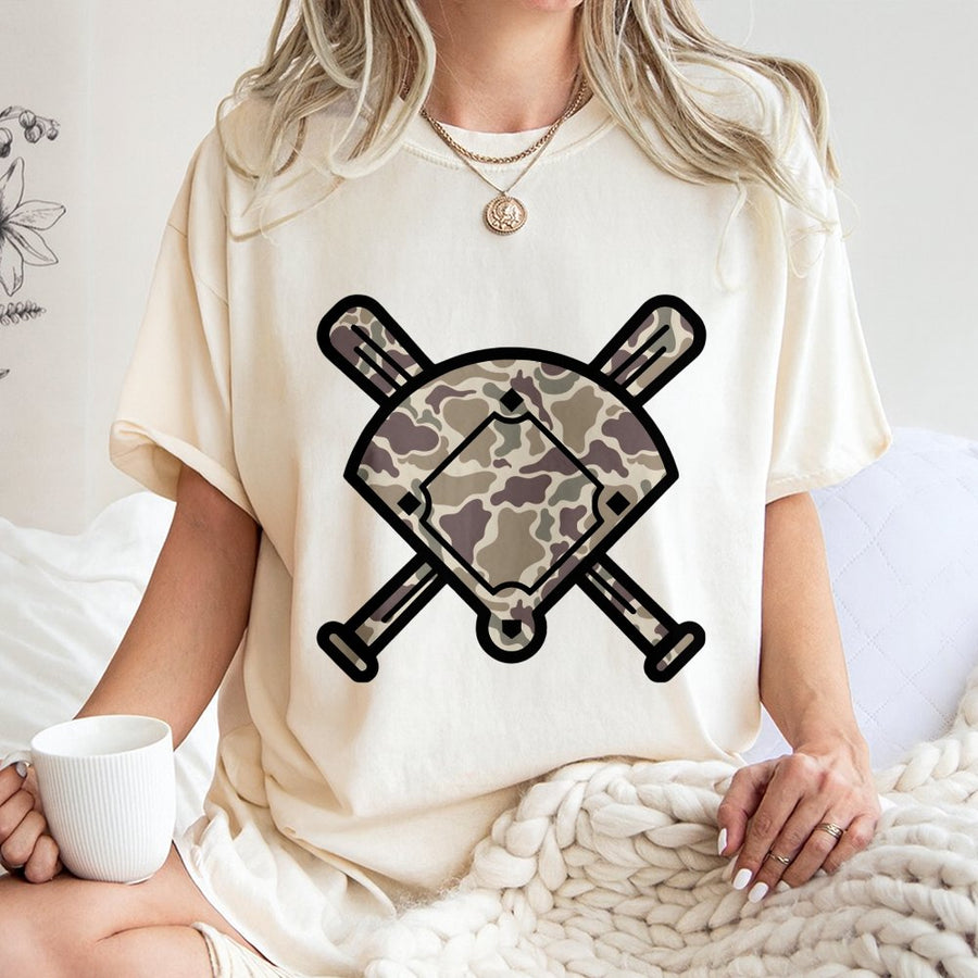 Baseball Camo T-Shirt | Crossed Bats Home Plate Graphic | 100% Soft Cotton | Sporty Gift For Baseball Players & Fans