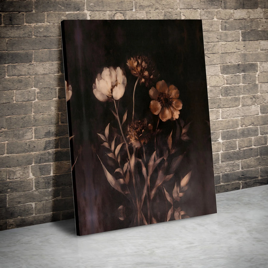 Moody Dark Floral Wall Art | Vintage Botanical Sepia Flower Print | Gallery Quality Framed Canvas | Sophisticated Home Decor Gift