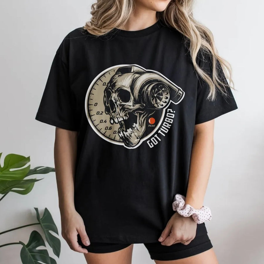Turbocharger Skull T-Shirt | Boost Gauge Racing Graphic | Premium Cotton Streetwear | Gift For Car Enthusiast And Gearhead