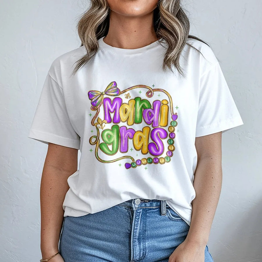 Mardi Gras T-Shirt | New Orleans Carnival Beads & Bow Design | Premium Soft Cotton | Festive Party Apparel for Women and Men