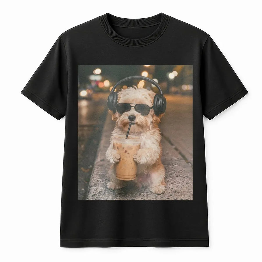 Funny Havanese T-Shirt | Dog with Headphones Drinking Coffee Meme | Soft Cotton Graphic Tee | Gift for Dog Mom Lover