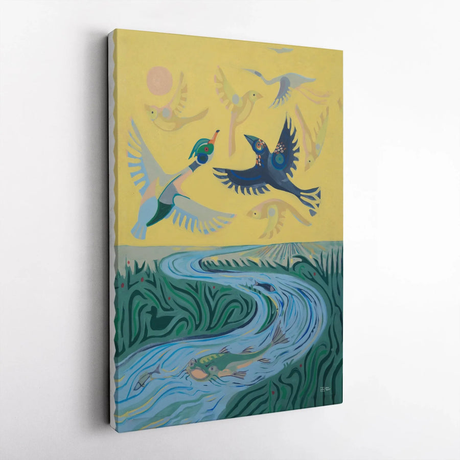 Abstract Nature Canvas Wall Art | Whimsical Ducks And River Landscape Print | Gallery Quality 1.25" Profile | Modern Wildlife Home Decor Gift