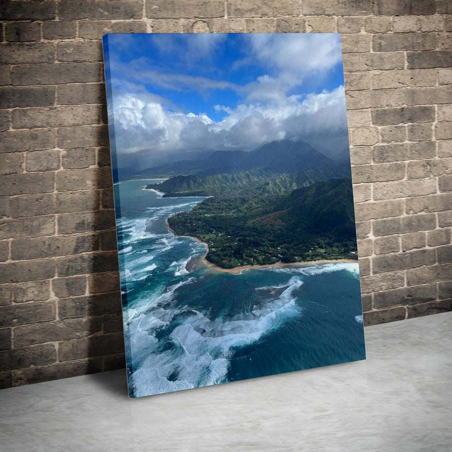 Tropical Island Coastline Canvas Art | Aerial Mountain Ocean Landscape | Premium Gallery Wrapped Wall Decor | Coastal Home Office Gift