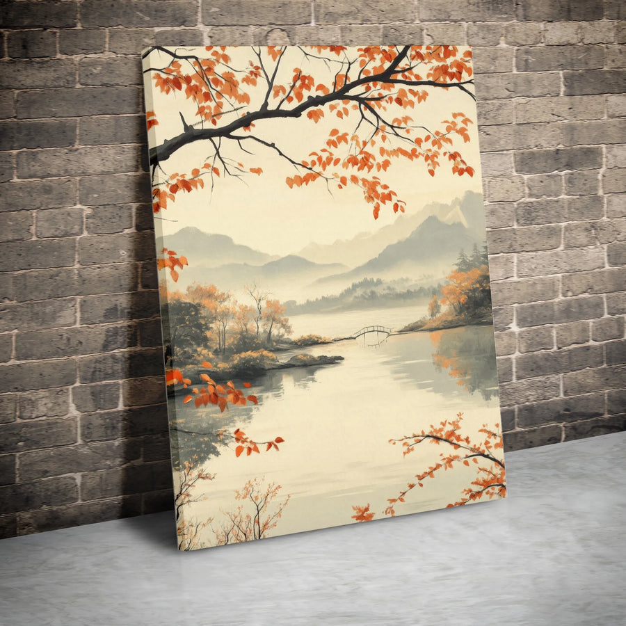 Japanese Autumn Landscape Canvas | Serene Mountain Lake Watercolor Print | Thick Gallery Wrap | Zen Wall Decor Gift for Living Room