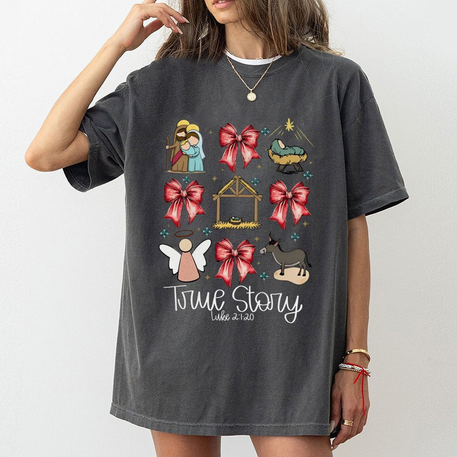 Nativity Scene Christmas T-Shirt | True Story Luke 2:1-20 Coquette Bow Graphic | Premium 100% Cotton | Religious Holiday Gift for Christian Women