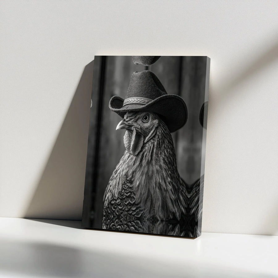 Cowboy Chicken Canvas Art | Funny Black and White Farmhouse Decor | Premium Gallery Wrapped Canvas | Unique Gift for Farmer or Chicken Lover