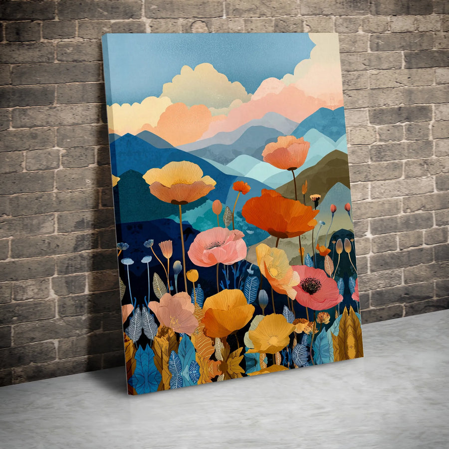 Floral Mountain Canvas Wall Art | Vibrant Botanical Landscape Print | Premium Gallery Wrapped Canvas | Modern Living Room Decor Gift